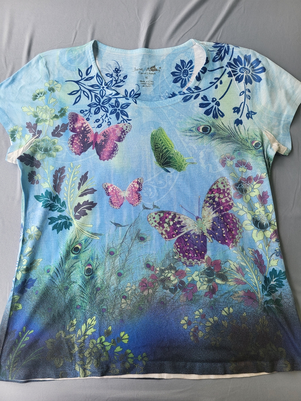 Y2K Fairycore Jane Ashley Blue Sequin Butterfly Peacock Short Sleeve Top XL